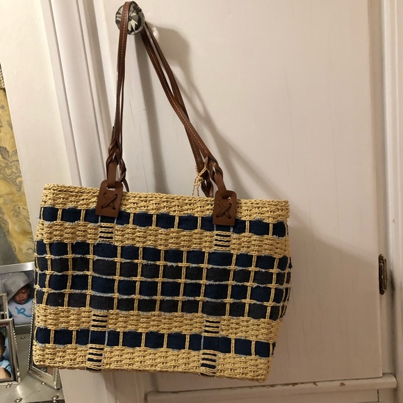 Woven denim and straw shoulder bag - Picture 2 of 3